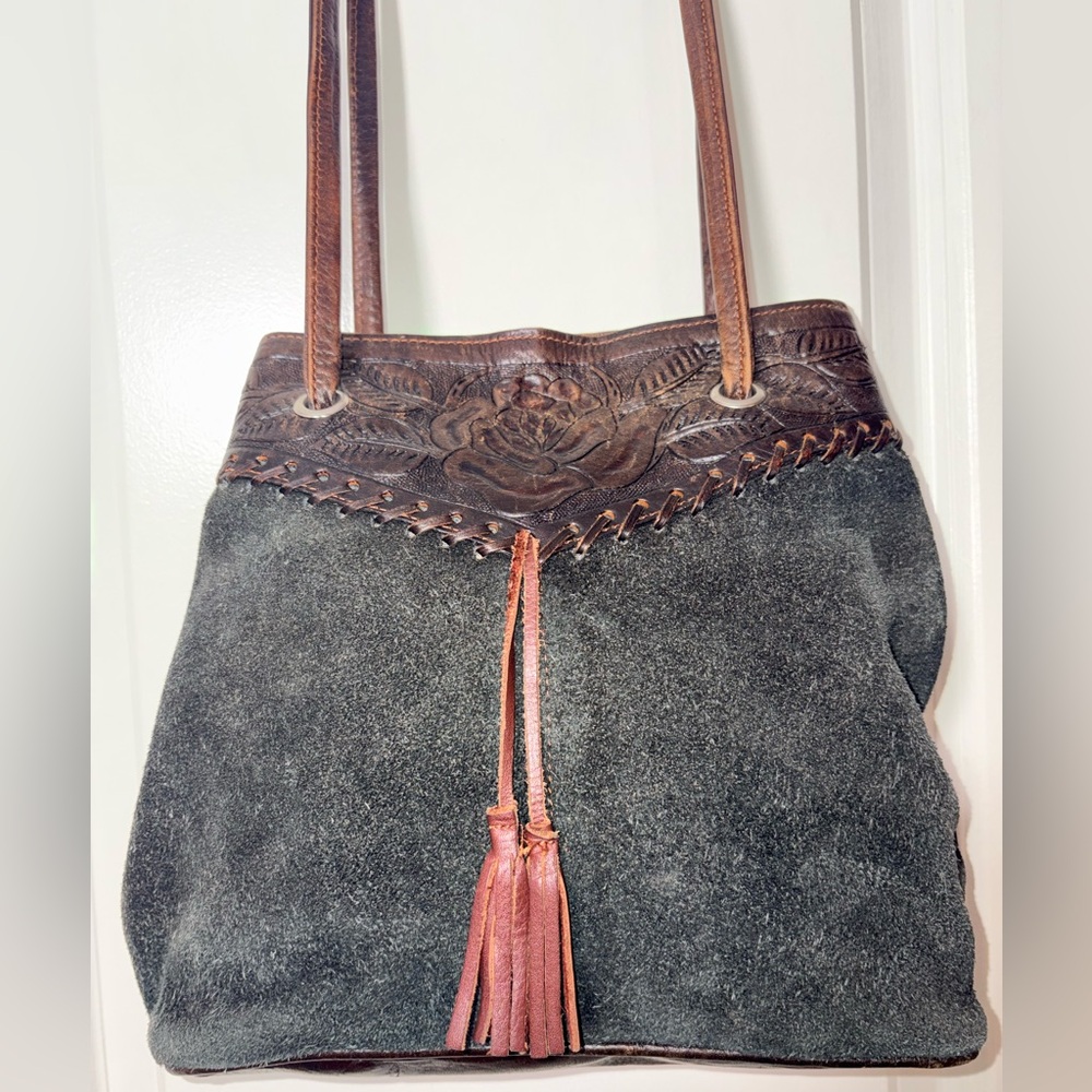 Suede and Leather Tassel Shoulder Bag - Charcoal Gray